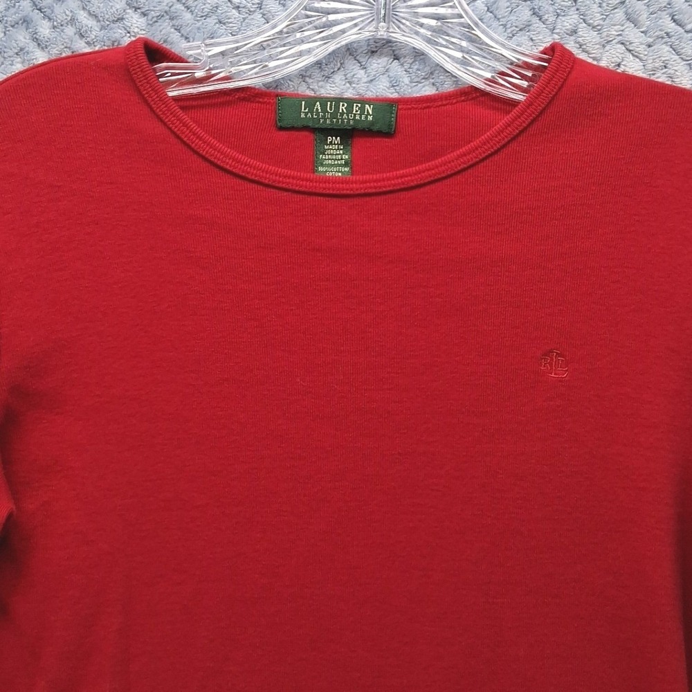 Lauren Ralph Lauren Petite Red Long Sleeve Cotton Crew Neck Top PM Minimalist